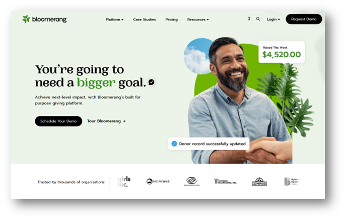 A screenshot of Bloomerang's website homepage