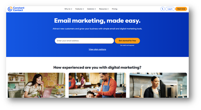 A screenshot of Constant Contact's website homepage