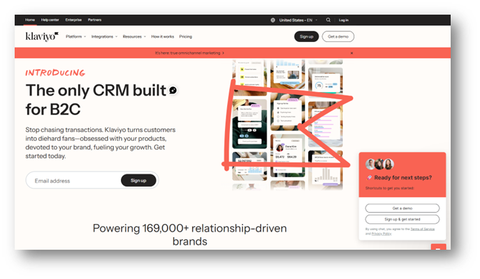 A screenshot of Klaviyo's website homepage