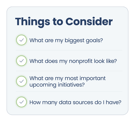 Considerations to keep in mind before selecting a nonprofit CRM, which are detailed in the surrounding text.