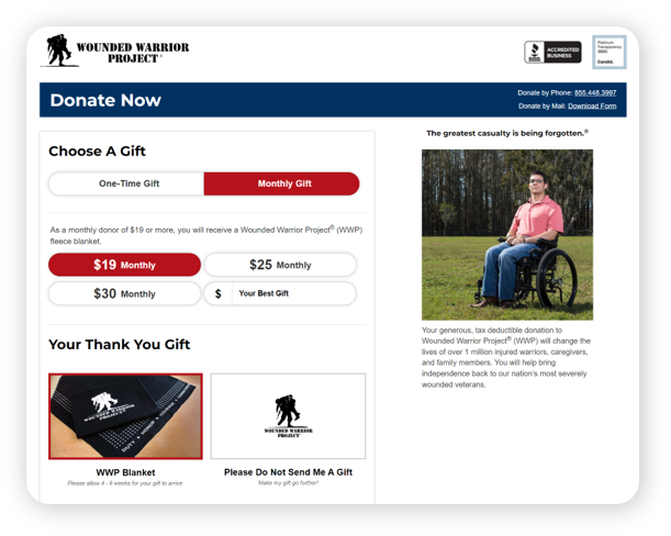 Screenshot of Wounded Warrior Project's thank you gift.