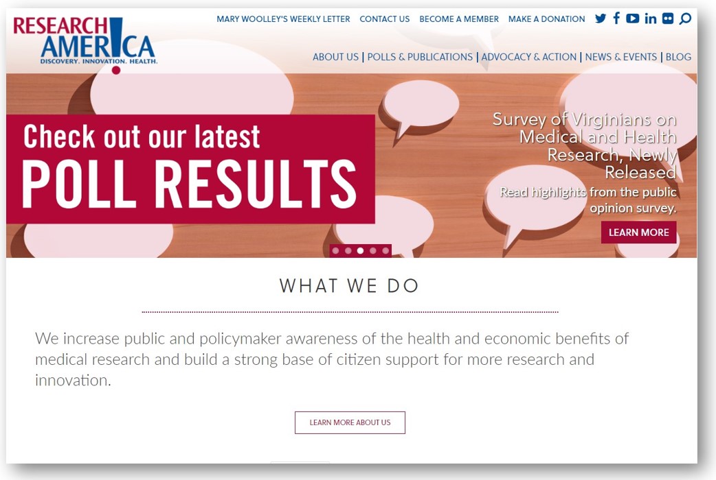 The homepage of Research America, which is an organization that used CharityEngine's software to facilitate its nonprofit advocacy campaign.